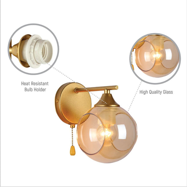 Amber Sides Open Globe Glass Gold Wall Light E27 Pull Down Switch