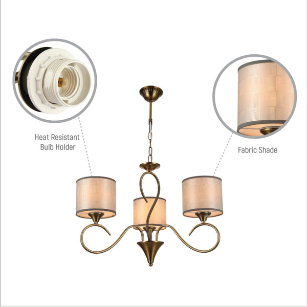 Antique Brass Arm Grey Cylinder Shaded Candle Vintage Chandelier Ceiling Light E27 Fittings