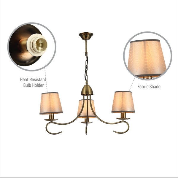 Antique Brass Arm Grey Frustum Shaded Candle Vintage Chandelier Ceiling Light E14 Fittings