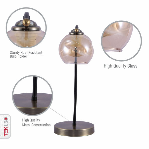 Black Antique Brass Metal Amber Globe Table Lamp E27 Fitting