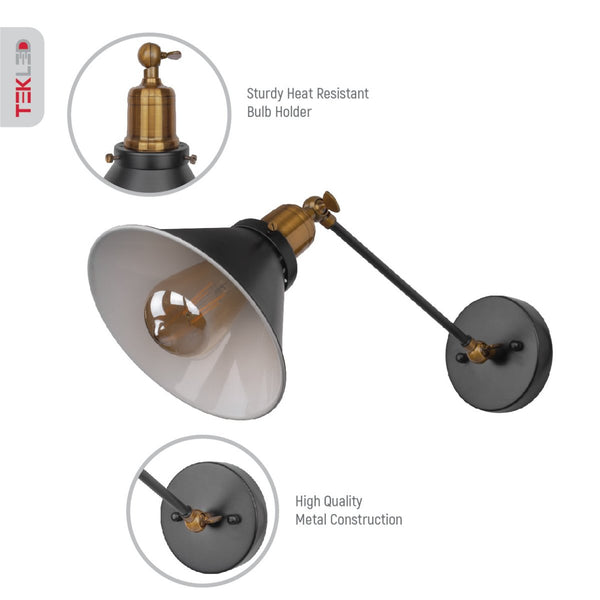 Black Antique Brass Metal Funnel Hinged Wall Light E27 Fitting