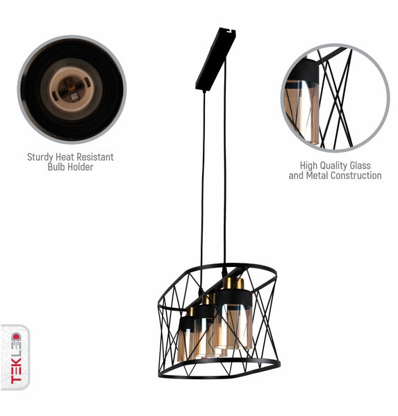 Black Cage Metal Amber Cylinder Glass Island Chandelier Ceiling Light 3xE27s