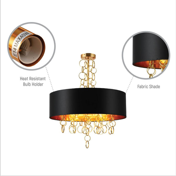 Black Copper Fabric Drum Shade Gold Ring Chandelier Ceiling Light