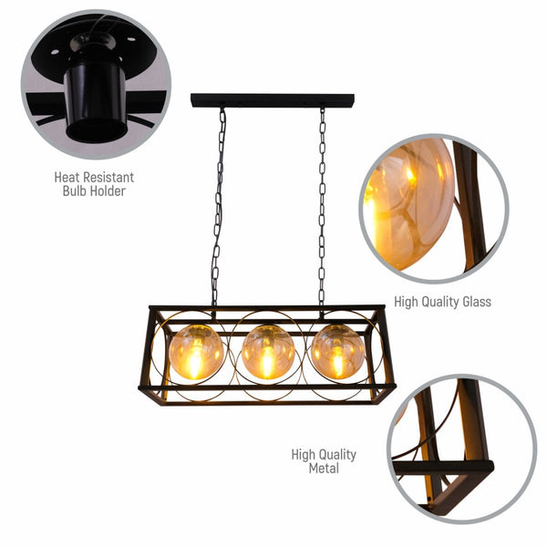 Black Cuboid Metal Amber Globe Glass Island Chandelier Ceiling Light 3xE27