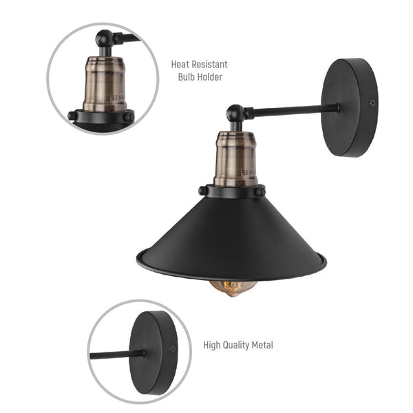 Black Funnel Metal Hinged Wall Light E27 Fitting