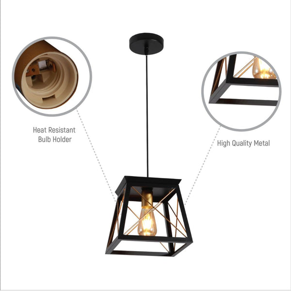 Black Gold Caged Industrial Retro Square Pendant Ceiling Light E27
