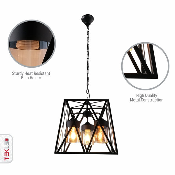 Black Metal Body Amber Cylinder Glass Cage Cuboid Chandelier Ceiling Light 3xE27