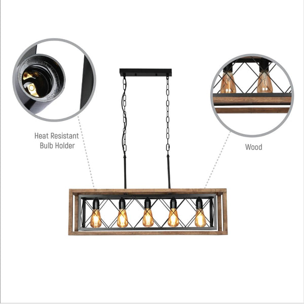 Black Metal Cage Old Wood Cuboid Kitchen Island Chandelier Ceiling Light 5xE27