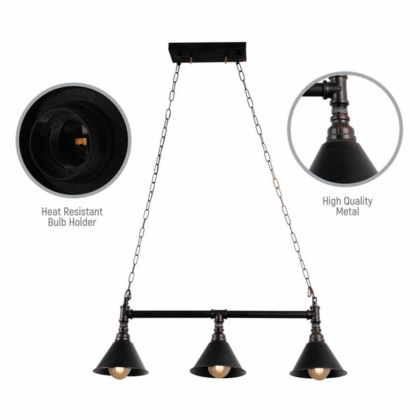 Black Metal Funnel Pipe Island Ceiling Chandelier Light 3xE27