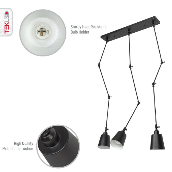 Black Metal Hinged Cone Pendant Ceiling Light 3xE27