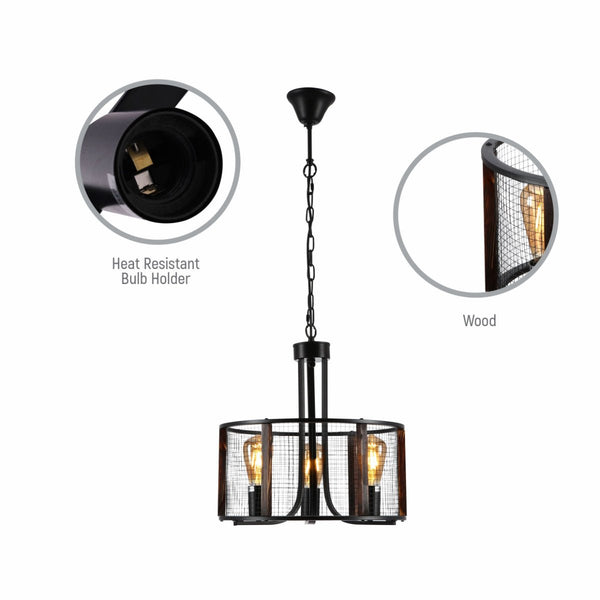 Black Metal Natural Wood Cylinder Cage Pendant Ceiling Light 3xE27