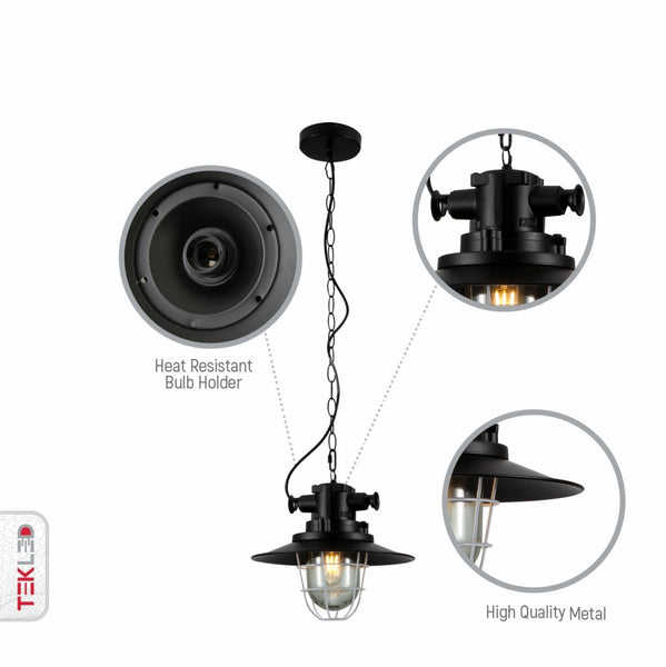 Black Nautical Industrial Caged Flat Shade Glass Metal Ceiling Pendant Light E27 Fitting
