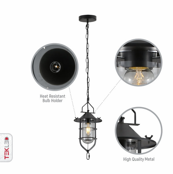 Black Nautical Industrial Caged Flat Shade Small Glass Metal Ceiling Pendant Light E27 Fitting