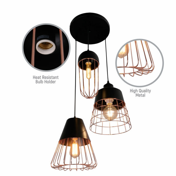Black Top Rose Gold Metal Cage Mix Pendant Ceiling Light 3xE27