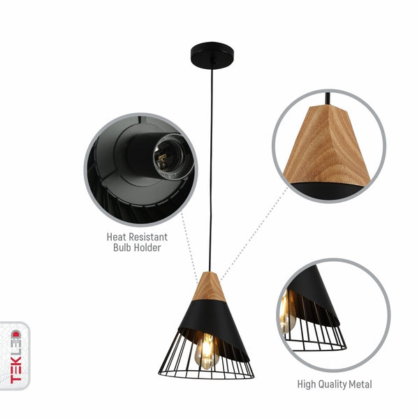 Black Wood Funnel Cone Caged Shuttlecock Nordic Metal Ceiling Pendant Light E27 Fitting