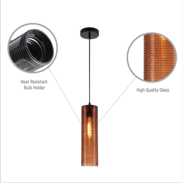 Brown-Silver-Amber Reeded Cylinder Glass Pendant Light E27 Fitting
