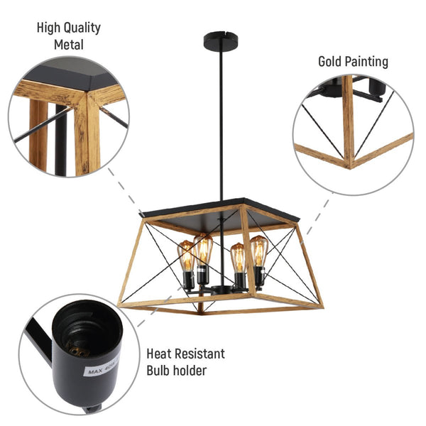 Wood And Black Caged Candle Industrial Kitchen Island Retro Square Pendant Ceiling Light 4xE27