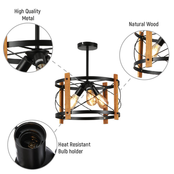 Caged Candle Industrial Retro Round Pendant Ceiling Light 3xE27 Wood Black Finishing