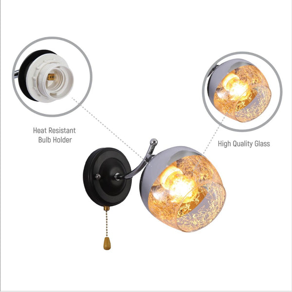 Black-Chrome | White Metal Partial Mirror Cone Glass Wall Light E27 Pull Down Switch