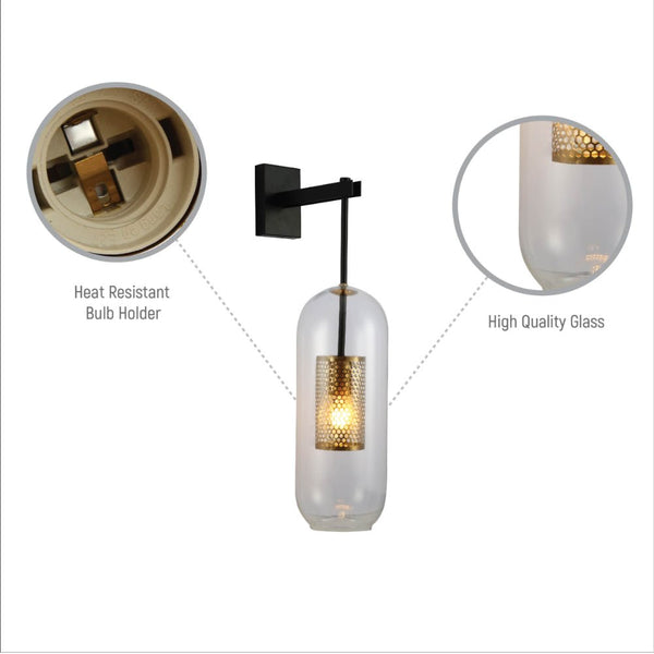 Clear Cylinder Glass Gold Cage Black Body Wall Light E27 Fitting
