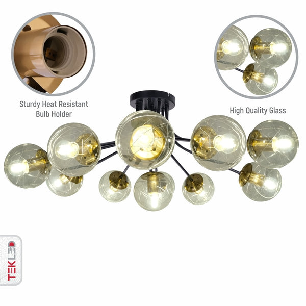 Clear Globe Glass Black Metal Semi Flush Ceiling Light E27