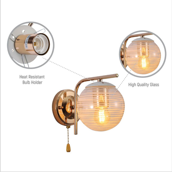 Clear Textured Globe Gold Wall Light E27 Pull Down Switch