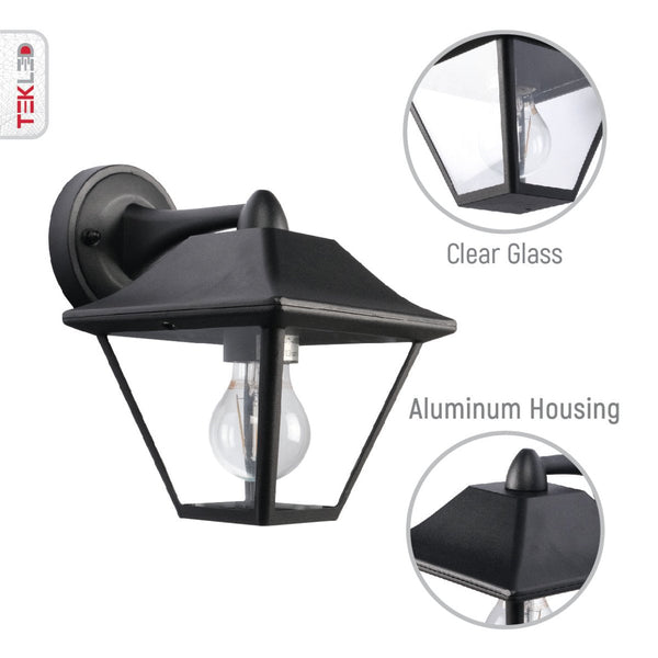 Downward Cottage Style Outdoor Wall Lamp Matt Black Clear Glass E27