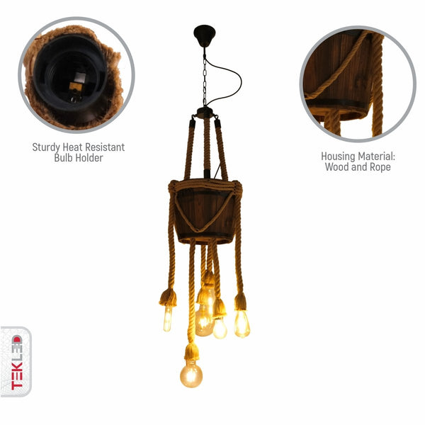 Firewood Basket 6 Hemp Rope Farmhouse Ceiling Chandelier Light E27