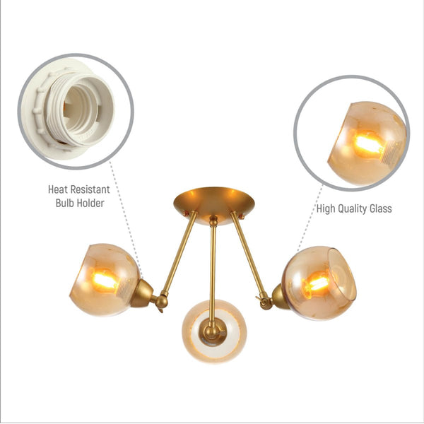 Gold Hinged Metal Amber Dome Glass Ceiling Light E27 Fittings