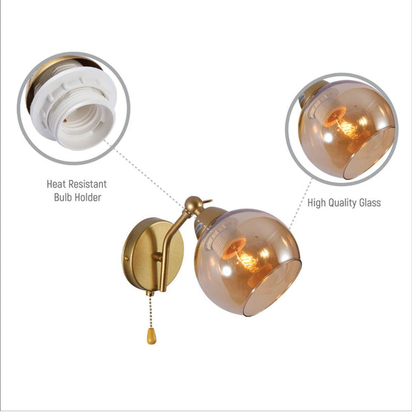 Gold Hinged Metal Amber Dome Glass Wall Light E27 Pull Down Switch