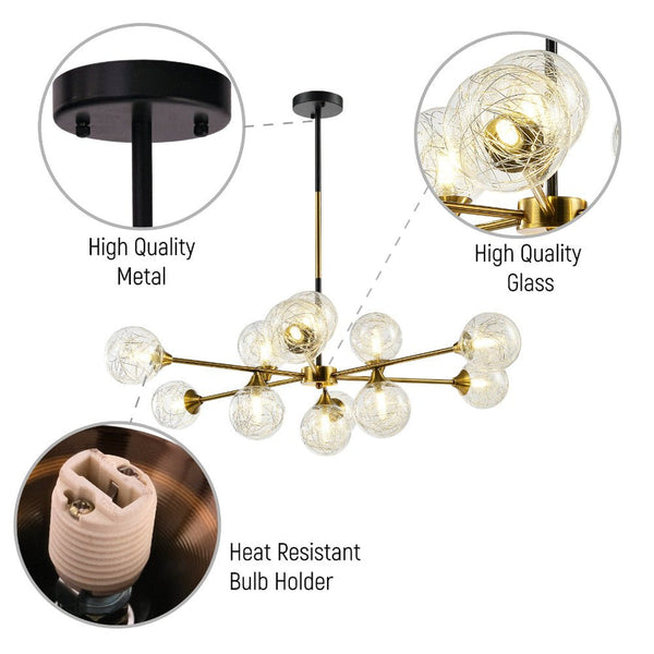 TEKLED Gold Metal Sputnik Clear Globe Glass Chandelier Ceiling Light 12xG9 Fittings