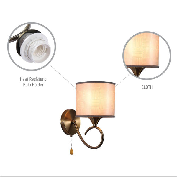 Grey Fabric Shade Antique Brass Hook Metal Vintage Retro Classic Wall Light with Pull Down Switch E27 Fitting