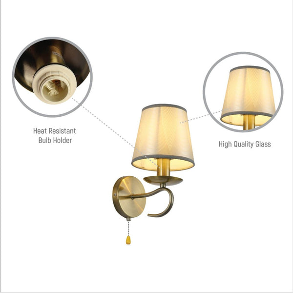 Grey Frustum Fabric Shade Antique Brass Vintage Wall Light E14 Pull Down Switch