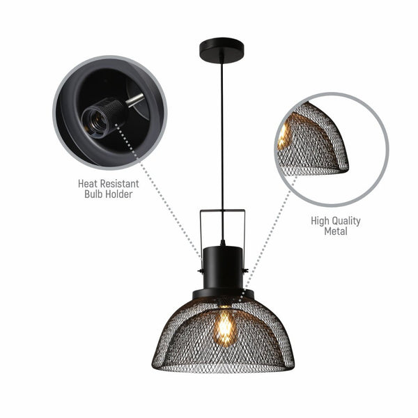 Industrial Double Mesh Caged Handled Dome Black Metal Pendant Ceiling Light E27