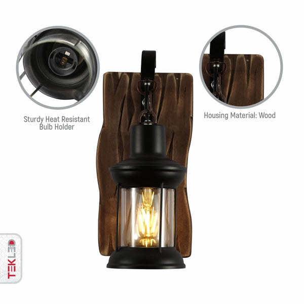 Farmhouse Rustic Iron and Wood Glass Cylinder Wall Light E27