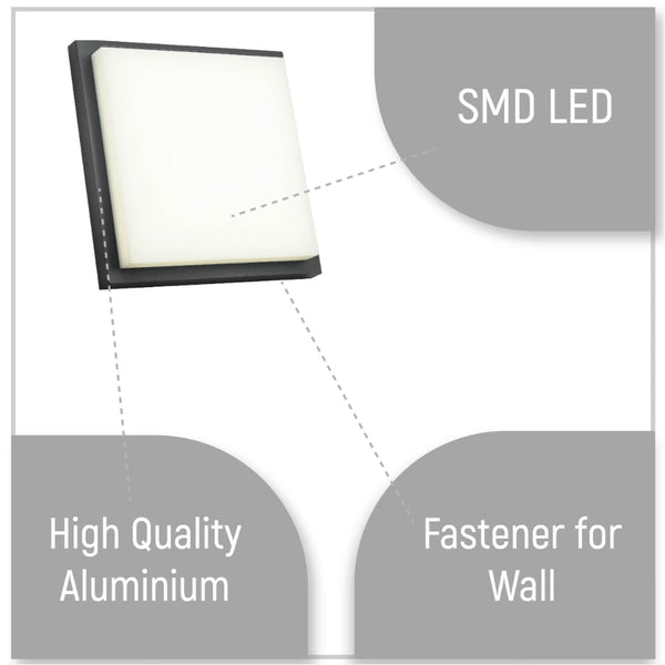 LED Diecast Aluminium Modern Square Wall Lamp 20W Cool White 4000K IP54 Anthracite Grey 250mm