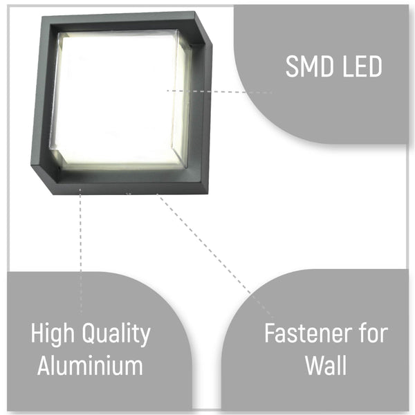 LED Diecast Aluminium Square Hood Wall Lamp 12W IP54 Grey