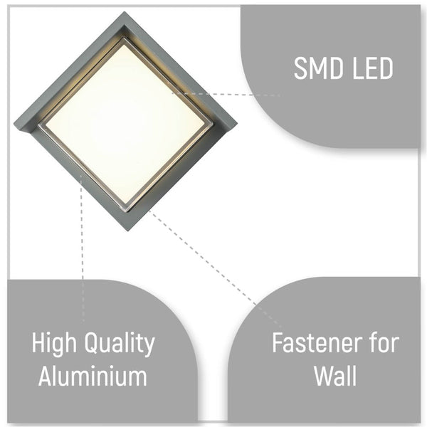 LED Diecast Aluminium Square Hood Wall Lamp 12W IP54 Grey