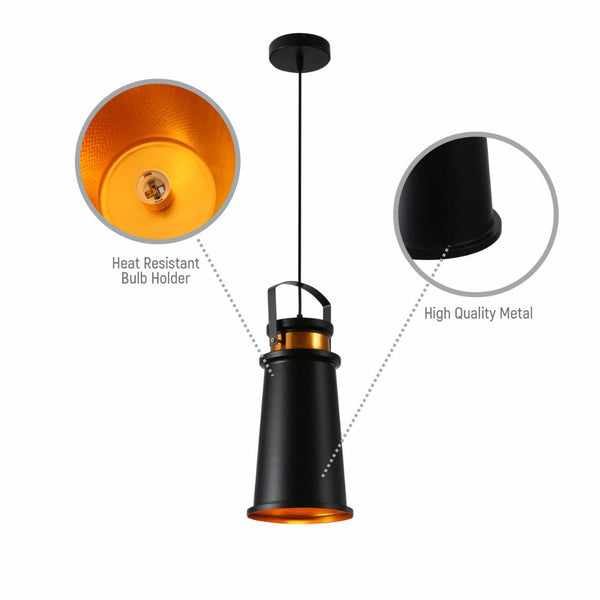 Loft Cafe Bar Counter Exhibition Hall Pub Aisle Black Gold Funnel Handled Metal Pendant Ceiling Light