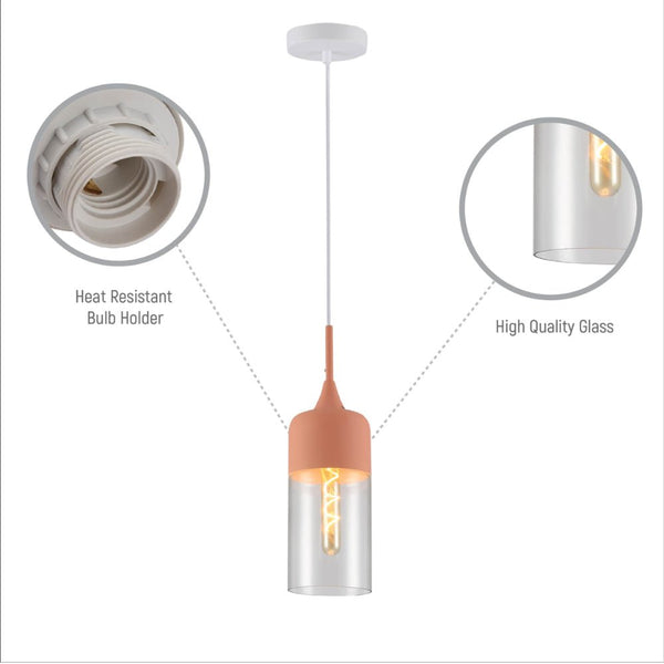 Macaron Salmon Pink-Olive Green-Mustard Yellow Cylinder Glass Pendant Ceiling Light E27 Fitting