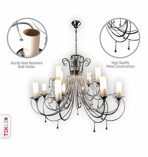 Opal Cylinder Glass Chrome Candle Metal Arm Ceiling Chandelier Light E14