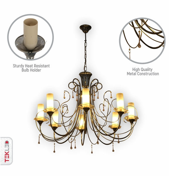 Opal Cylinder Glass Chrome Candle Metal Arm Ceiling Chandelier Light E14