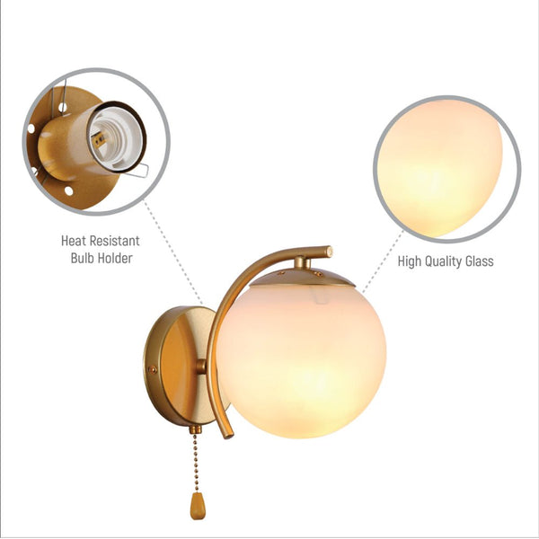 Opal Globe Glass Gold Metal Arc Body Vintage Retro Wall Light with Pull Down Switch E27 Fitting