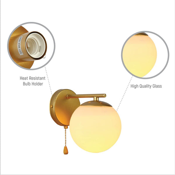 Opal Globe Glass Vintage Retro Stylish Wall Light with Pull Down Switch