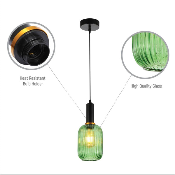 Sawyer Ribbed Fluted Reeded Maloto Lantern Green Glass Pendant Ceiling Light E27 Black Metal Top