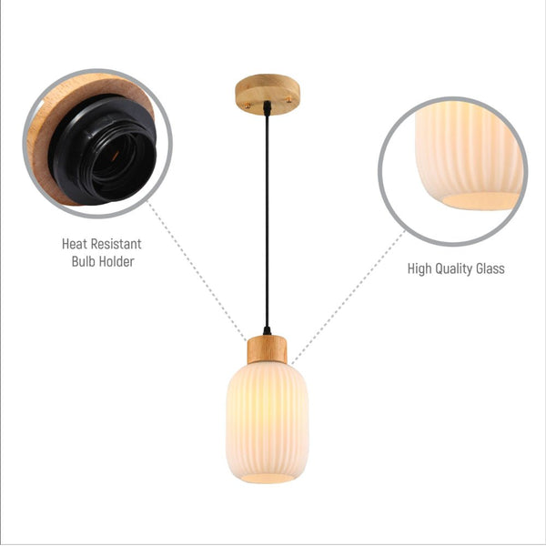 Sawyer Ribbed Fluted Reeded Maloto Lantern Opal Glass Pendant Ceiling Light E27 Wood Top