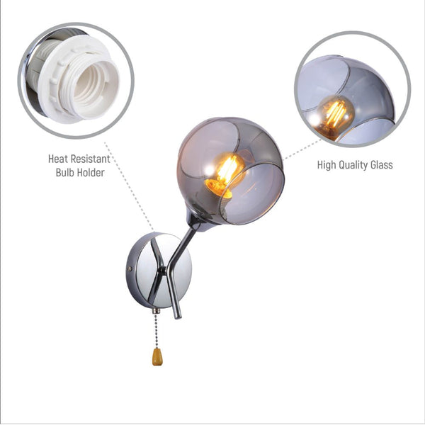 Smoky Barrel Glass Chrome Metal Body Sputnik Modern Wall Light with Pull Down Switch E27 Fitting