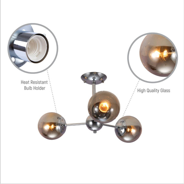 Smoky Globe Glass Chrome Metal Body Sputnik Molecule Modern Ceiling Light E27 Fittings
