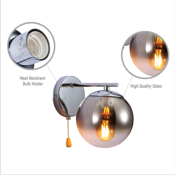 Elegant Globe Wall Light with Pull Down Switch - Smoky Glass