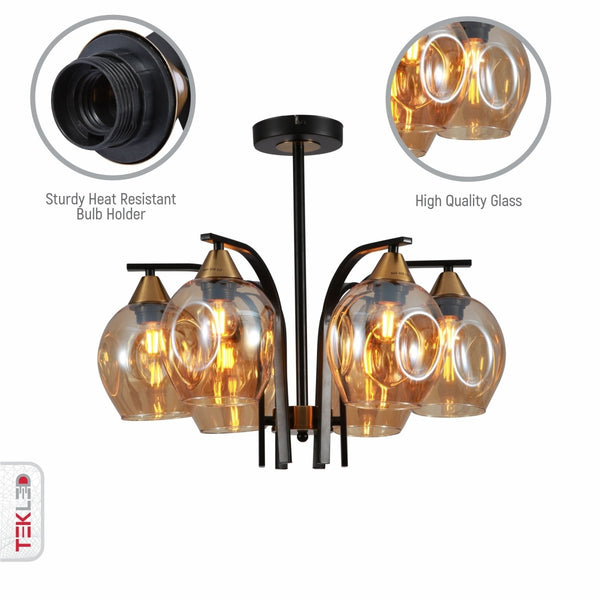 Snowdrop Amber Glass Black Body Semi Flush Ceiling Light E27